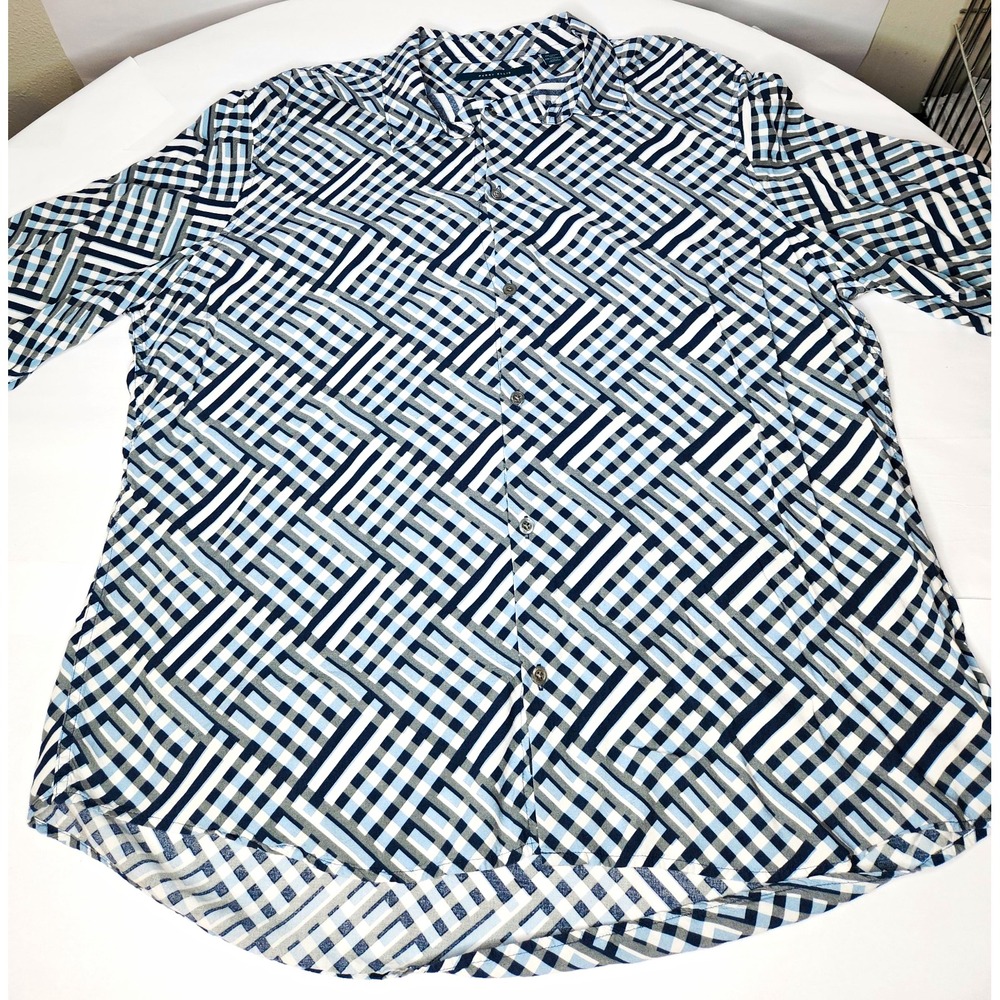 Perry Ellis Blue/White/Gray Check Woven Long Sleeve Point Collar Shirt Men's 2XL